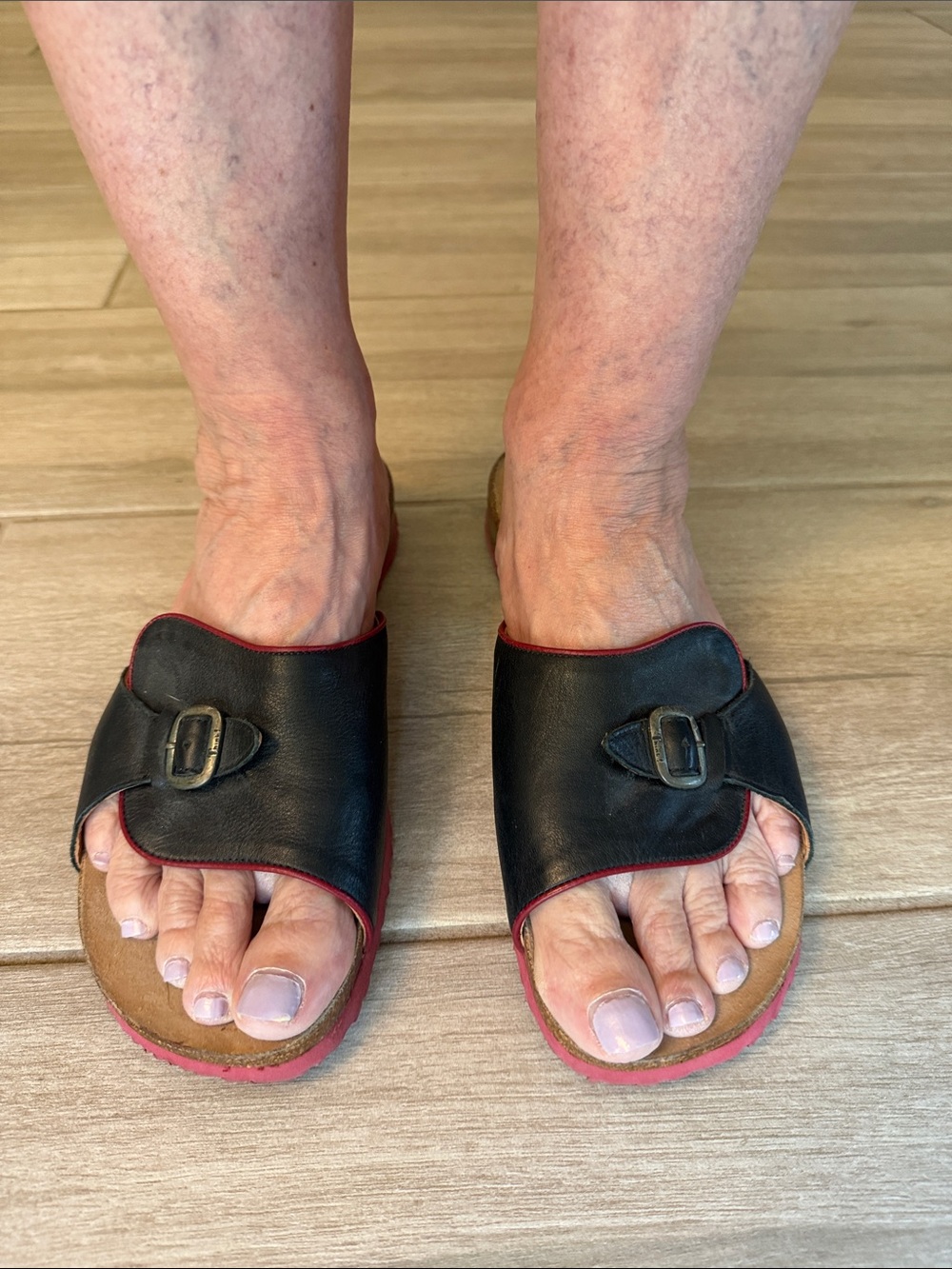 Think! Women’s Black Leather Slide Sandals with Red Trim - Size 43